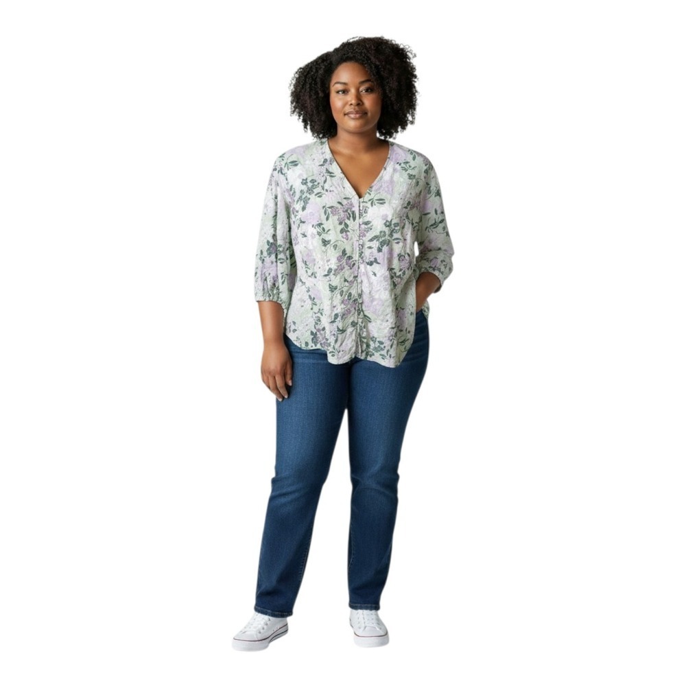 Liz Claiborne Women's 0X Pendulum Bottom Crinkle Cotton Blend Wild Flowers Top